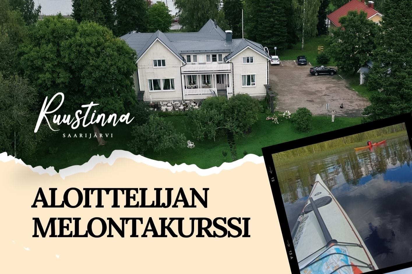 Ilmakuvassa perinteinen valkoinen pappila-rakennus ja kanootti vesillä